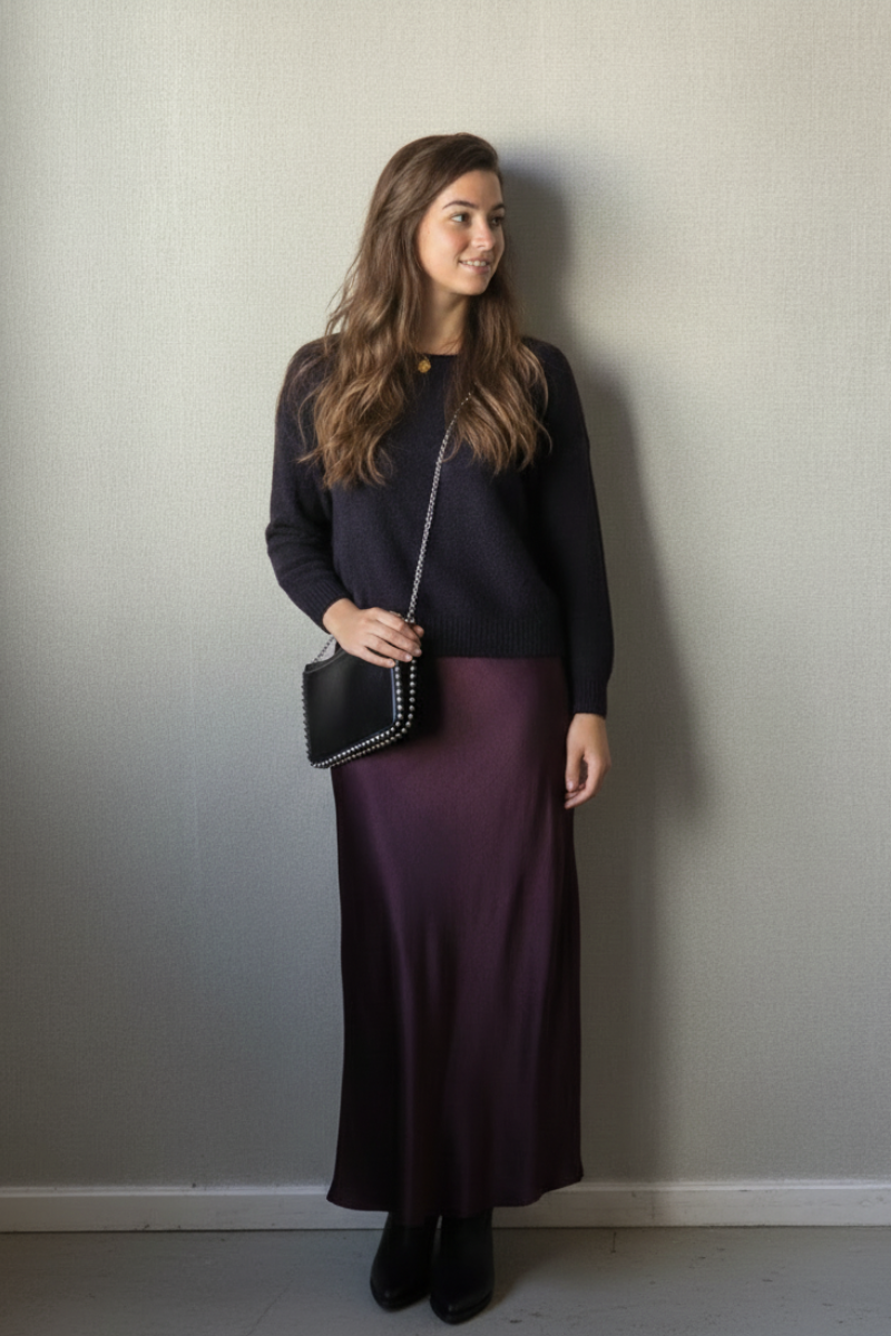 Falda satinada arrugado ciruela