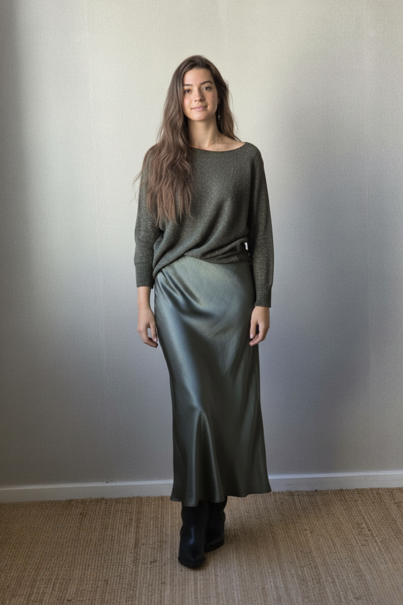 Falda satinada arrugado verde militar