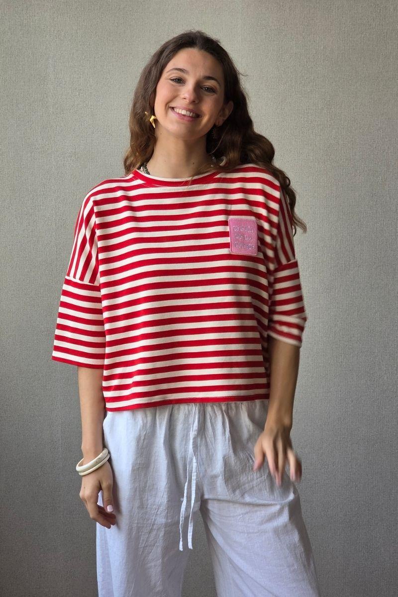 Sudadera Corta de Rayas Rojo