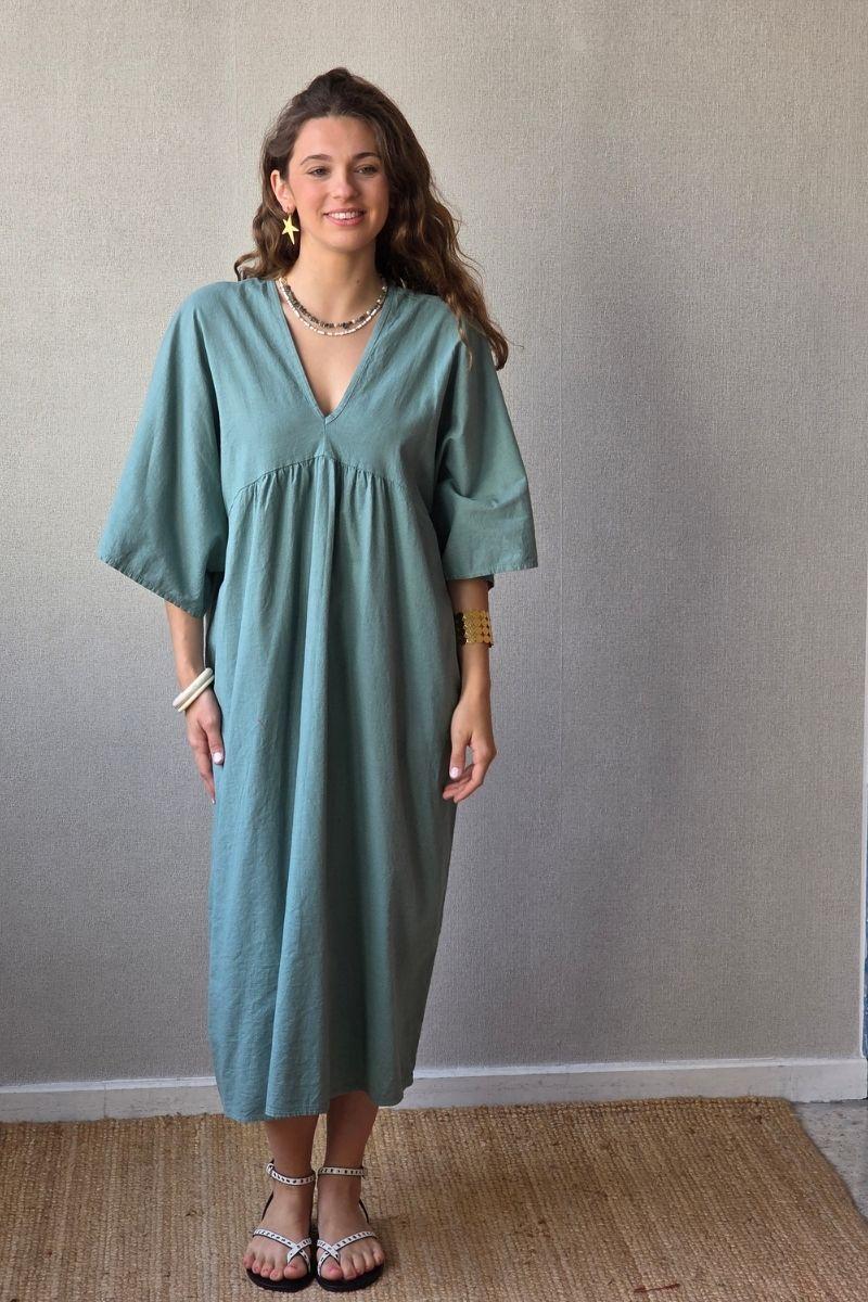 Vestido largo de lino algodón verde bonito