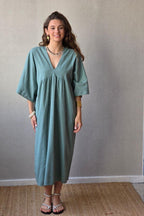 Vestido largo de lino algodón verde bonito