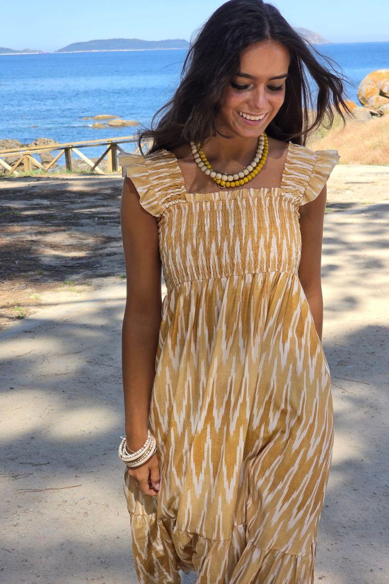 Vestido ikat tirante ancho mostaza