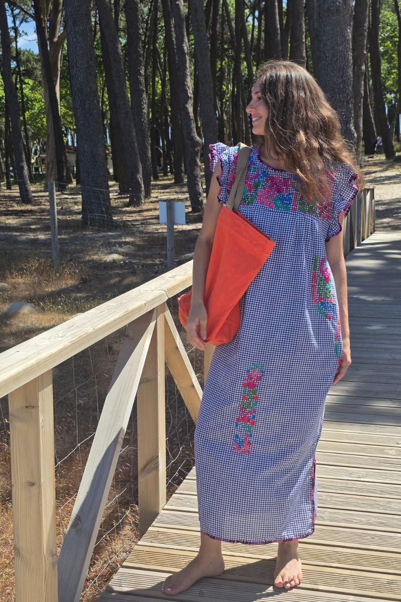 Vestido mexicano cuadro vichy marino