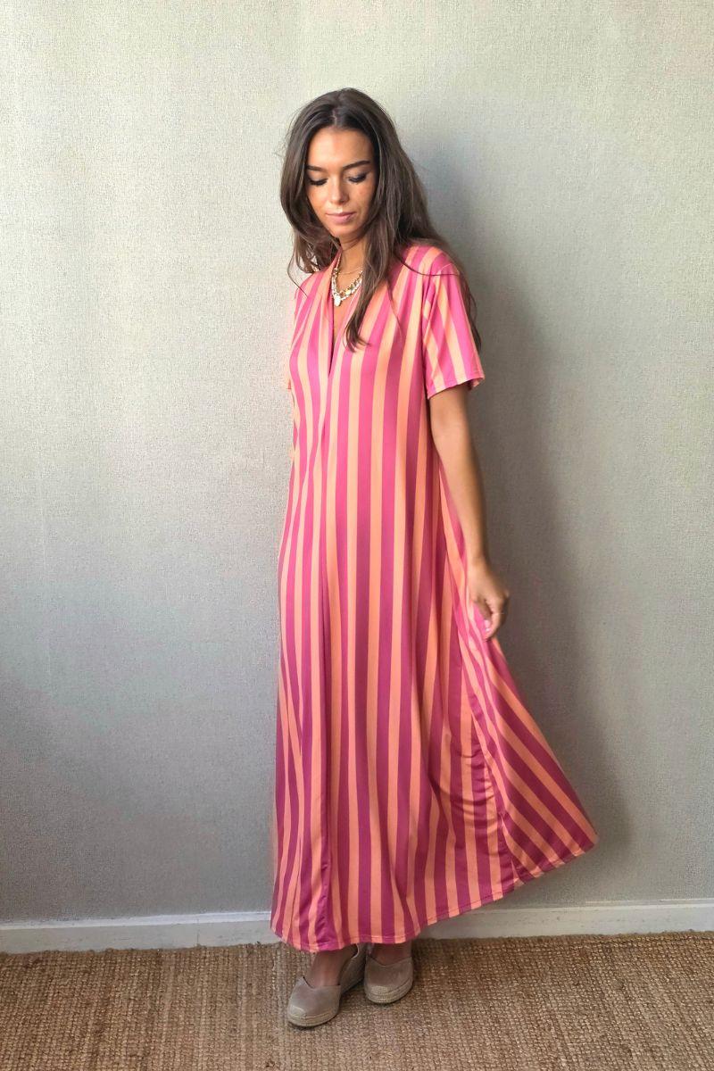 Vestido rayas manga corta no se arruga fucsia