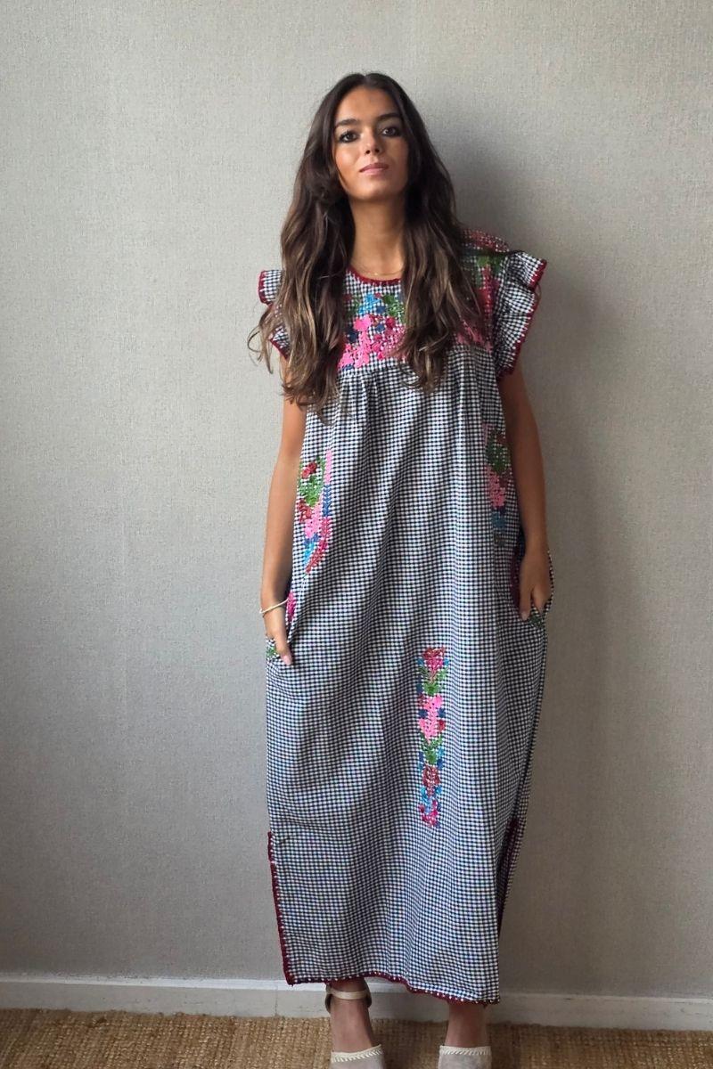 Vestido mexicano cuadro vichy negro