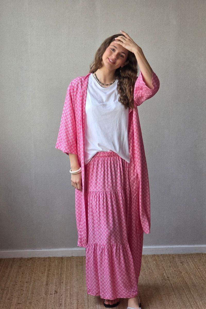 Kimono estampado flores fucsia