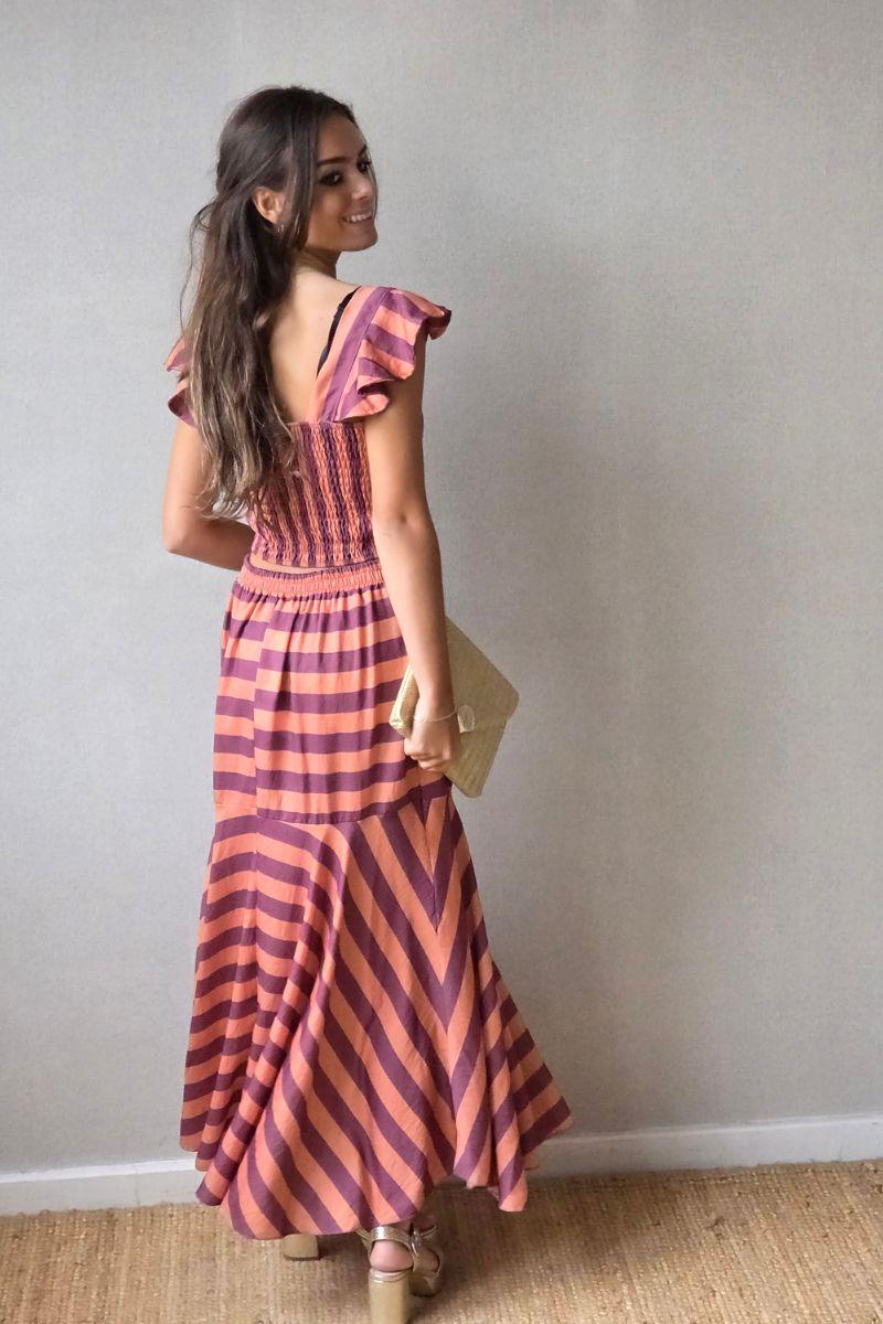 Conjunto top y falda de rayas berenjena