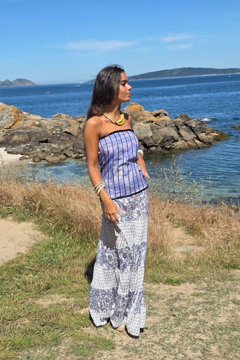 Vestido palabra de honor telas indias morado