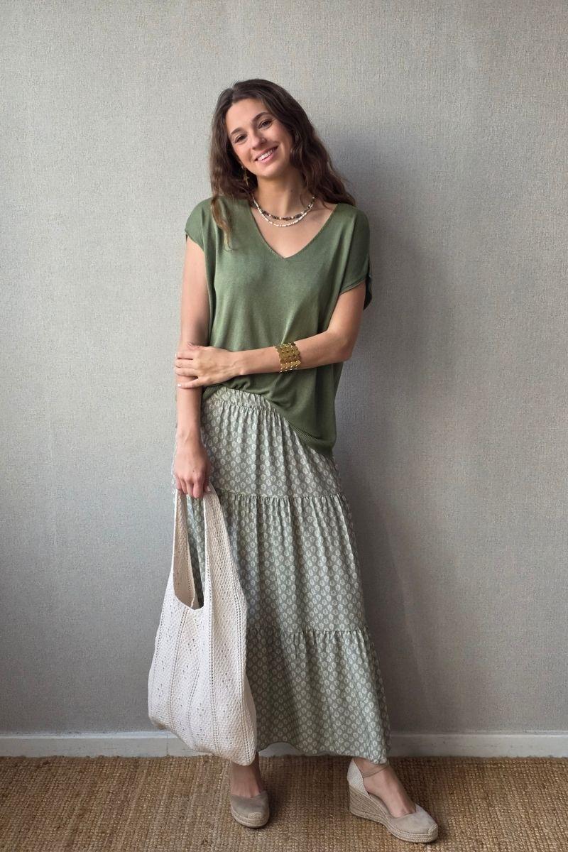 Falda estampado de flores con volantes salvia