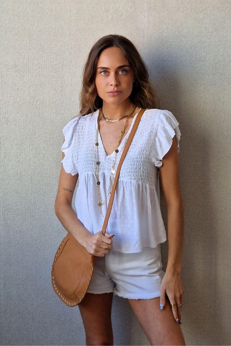 Blusa cuello pico con detalles lurex blanca