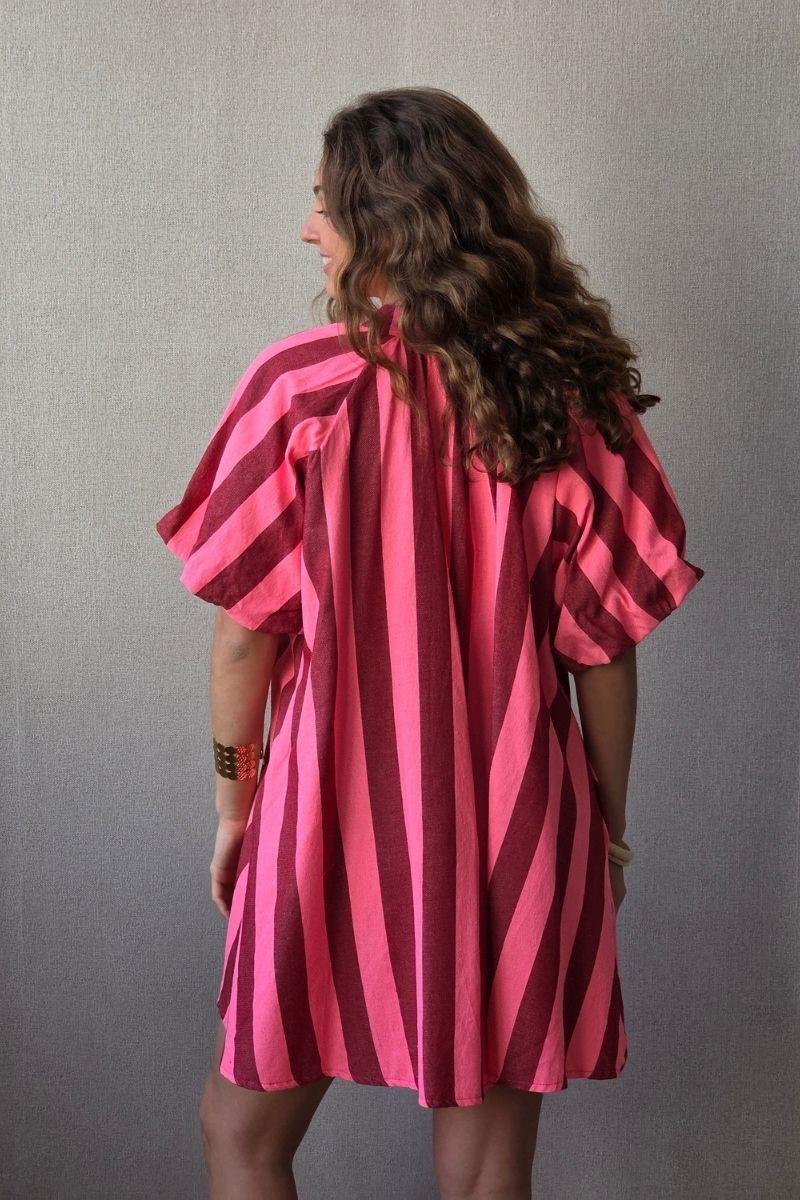 Vestido de mujer manga abullonada con rayas rosa