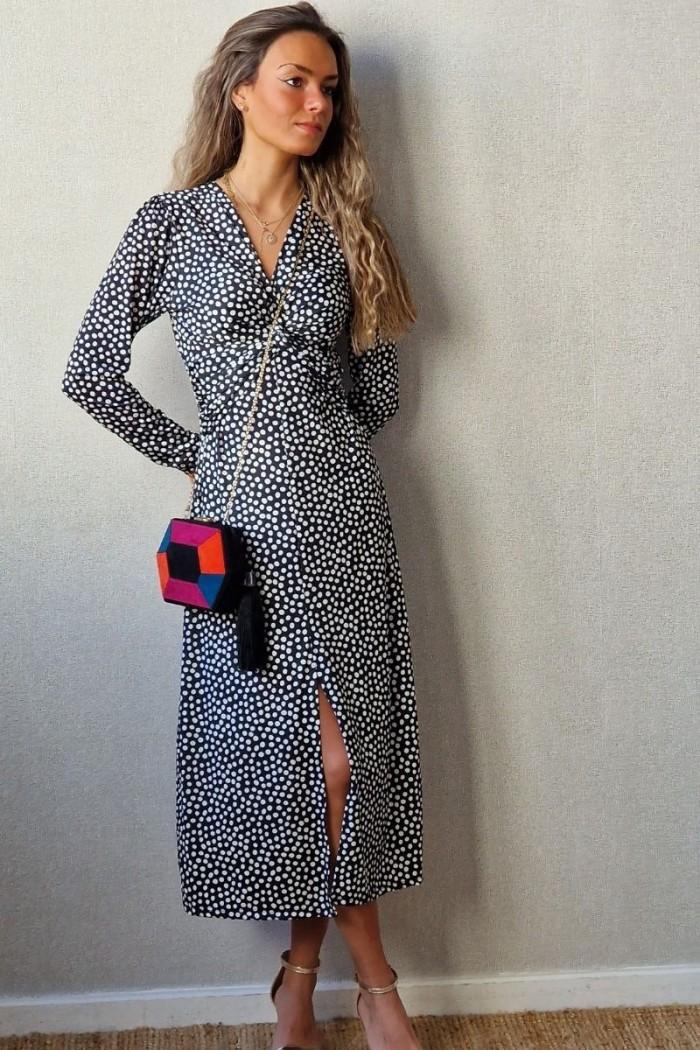Vestido estampado de lunares con manga larga negro