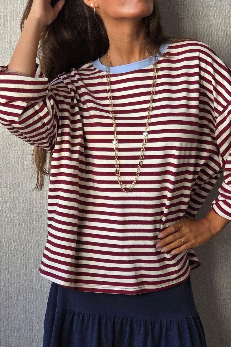 Sudadera oversize de rayas beige y granate