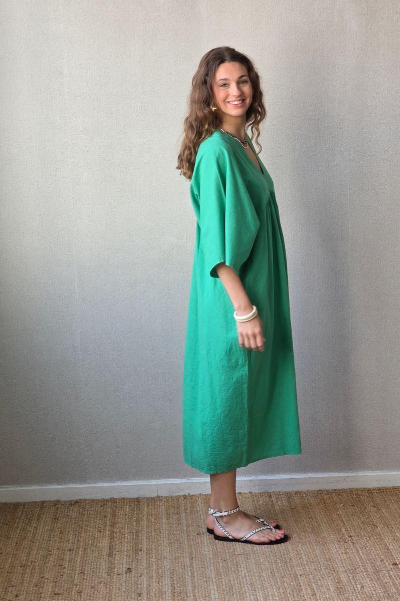 Vestido largo de lino y algodón verde