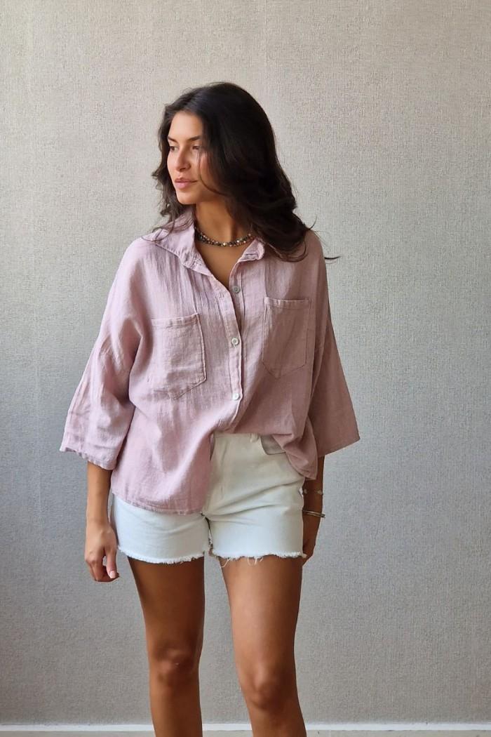 Camisa rosa tipo lino con bolsillos