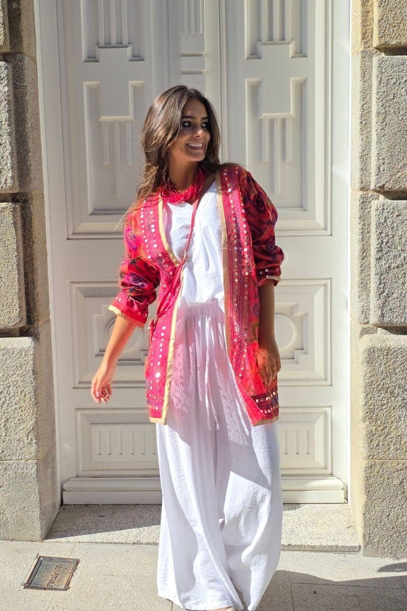 Kimono de telas indias bordado rojo