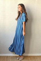 Vestido rayas manga corta no se arruga azul jean