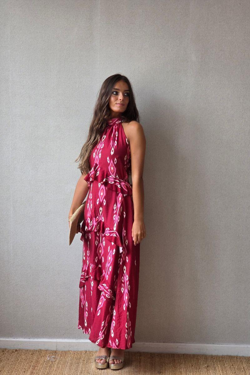 Vestido halter con volantes rojo