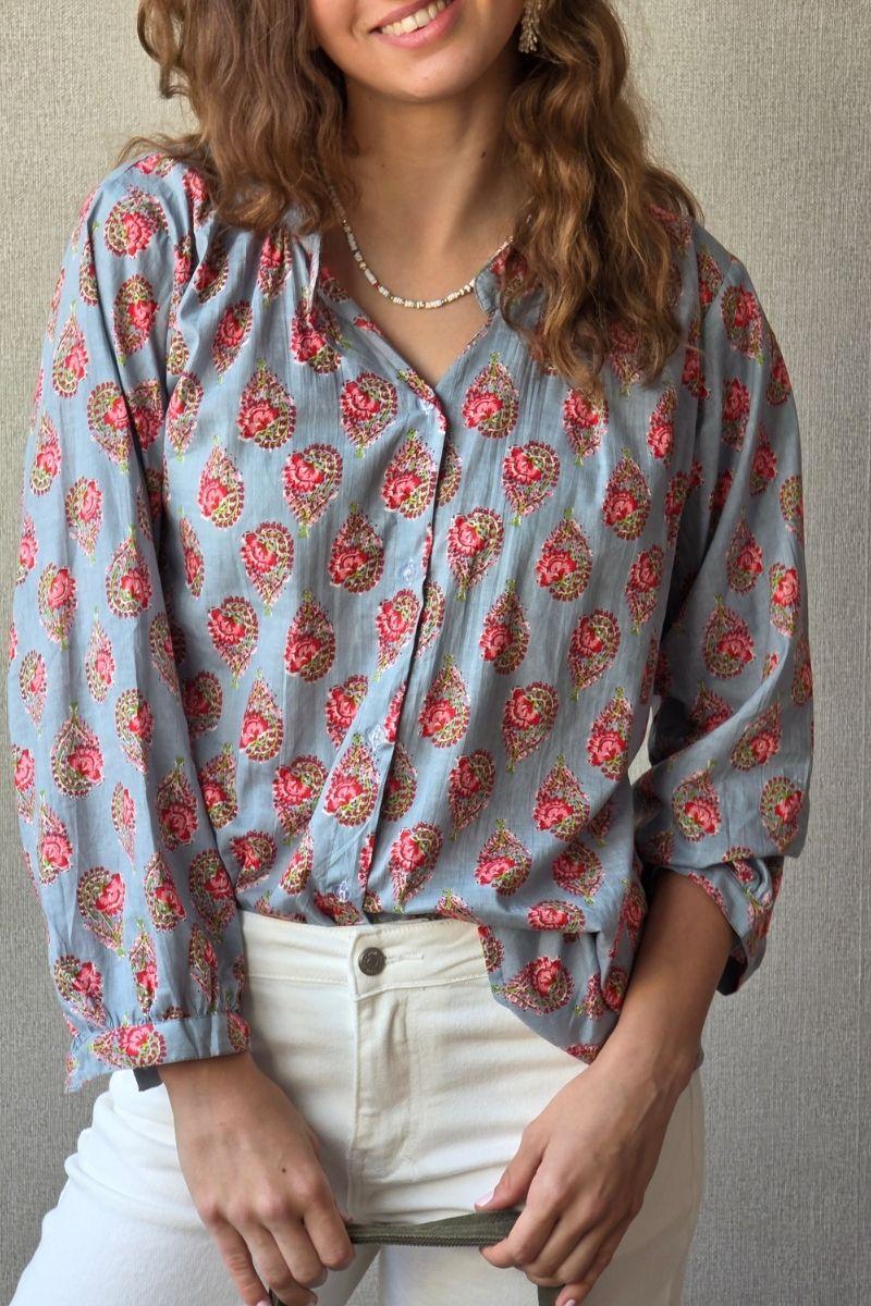 Camisa estampada de flores azul jean