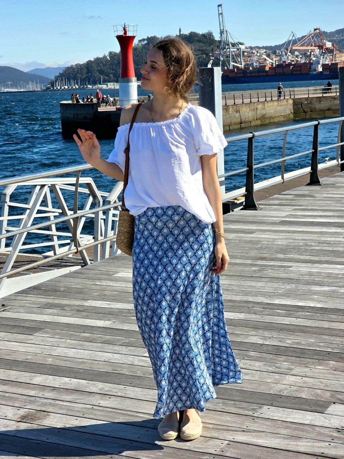 Falda larga estampado fuego azul jeans