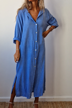 Vestido largo camisero tipo lino turquesa