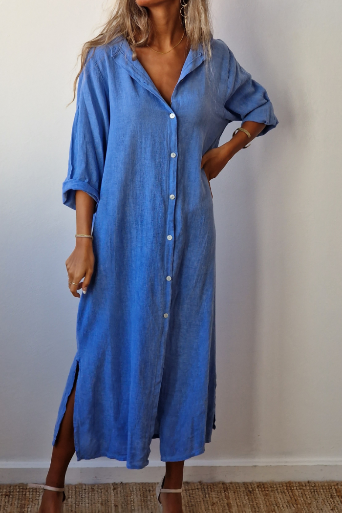 Vestido largo camisero tipo lino turquesa