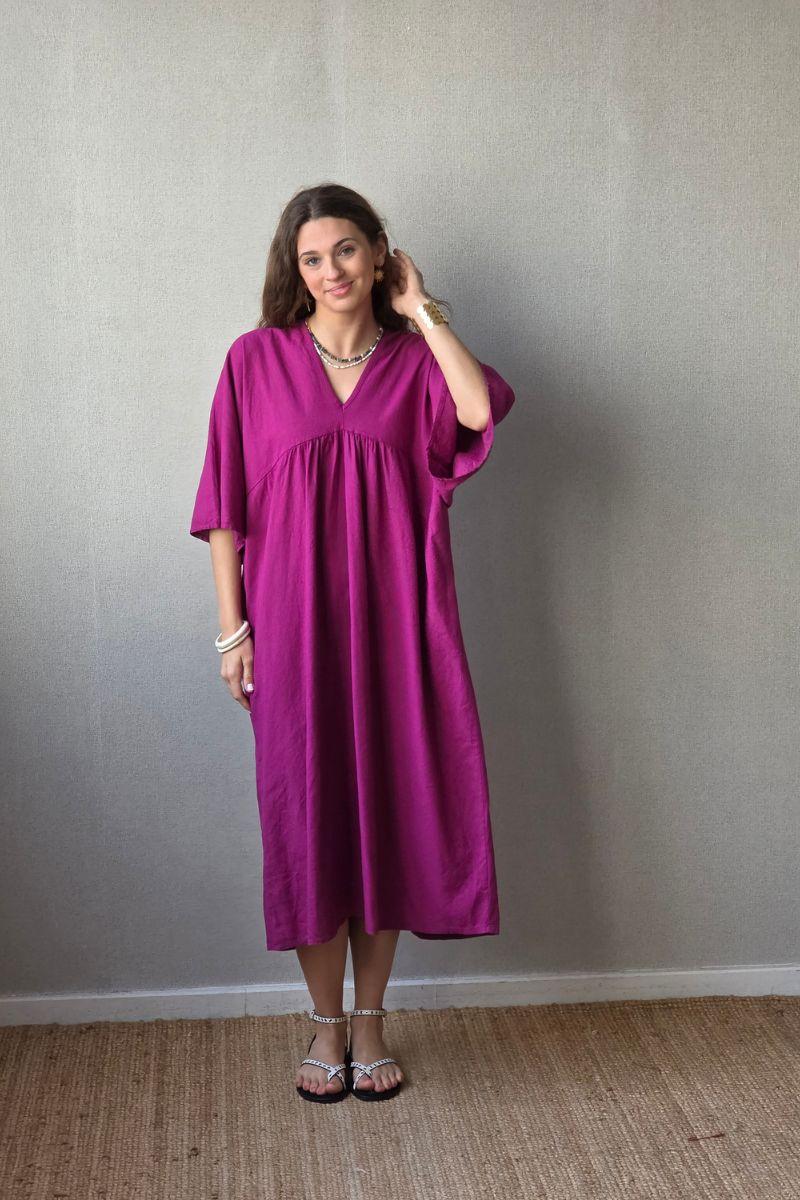 Vestido largo de lino y algodón magenta