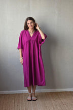 Vestido largo de lino y algodón magenta