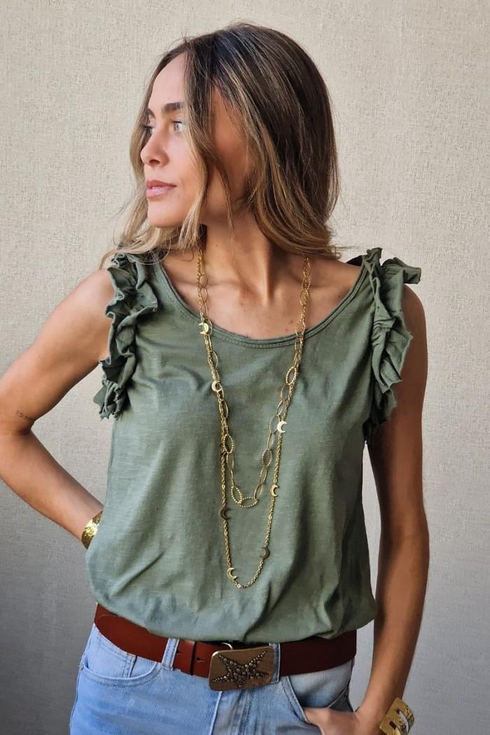 Camiseta tirantes volante manga verde militar