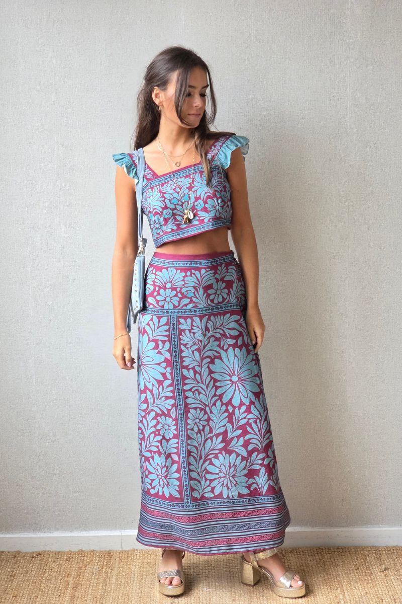 Conjunto top y falda con estampado de flores petróleo