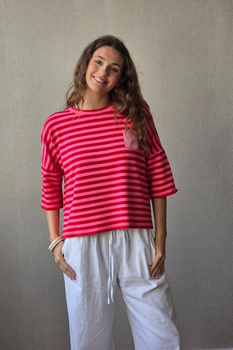 Sudadera Corta de Rayas Fucsia