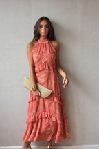 Vestido gasa cuello halter naranja