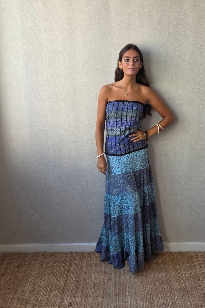 Vestido palabra de honor indio turquesa