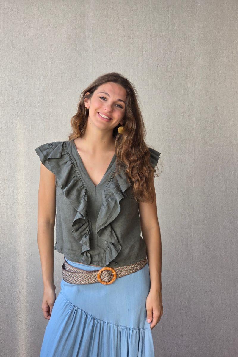 Top volante lino verde militar