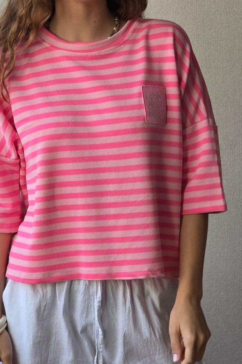 Sudadera Corta de Rayas Rosa Flúor