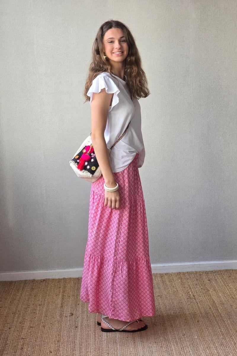 Falda estampado de flores con volantes fucsia