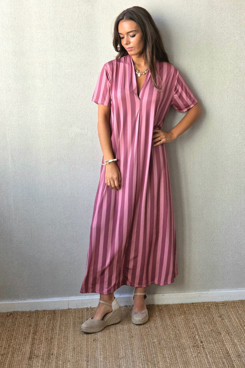 Vestido rayas manga corta no se arruga rosa cebolla
