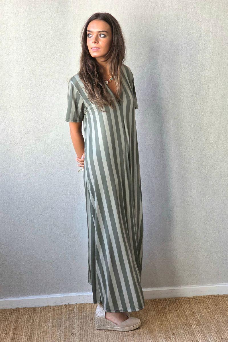 Vestido rayas manga corta no se arruga caqui