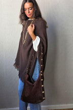 Poncho largo con flecos chcolate