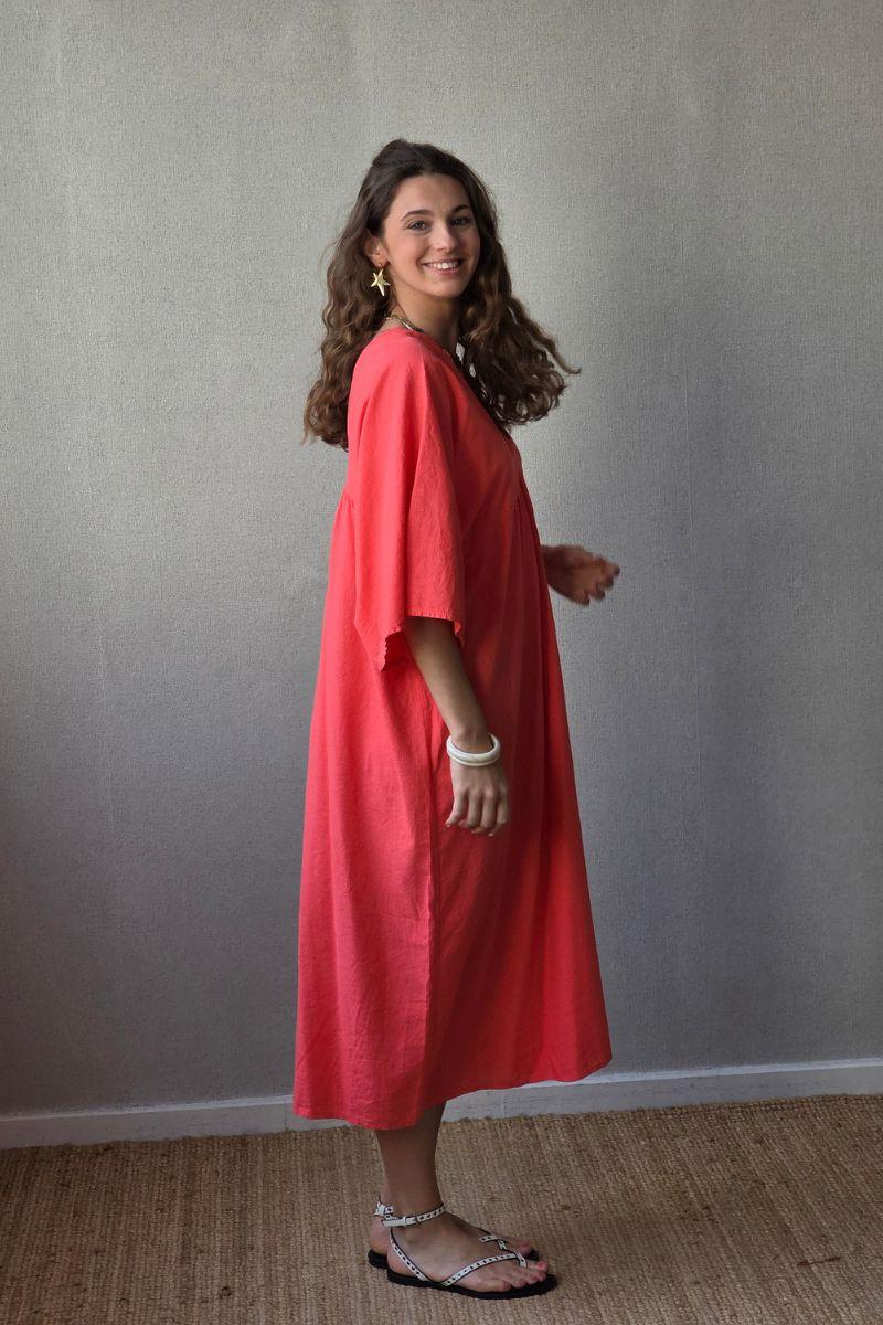 Vestido largo de lino y algodón coral