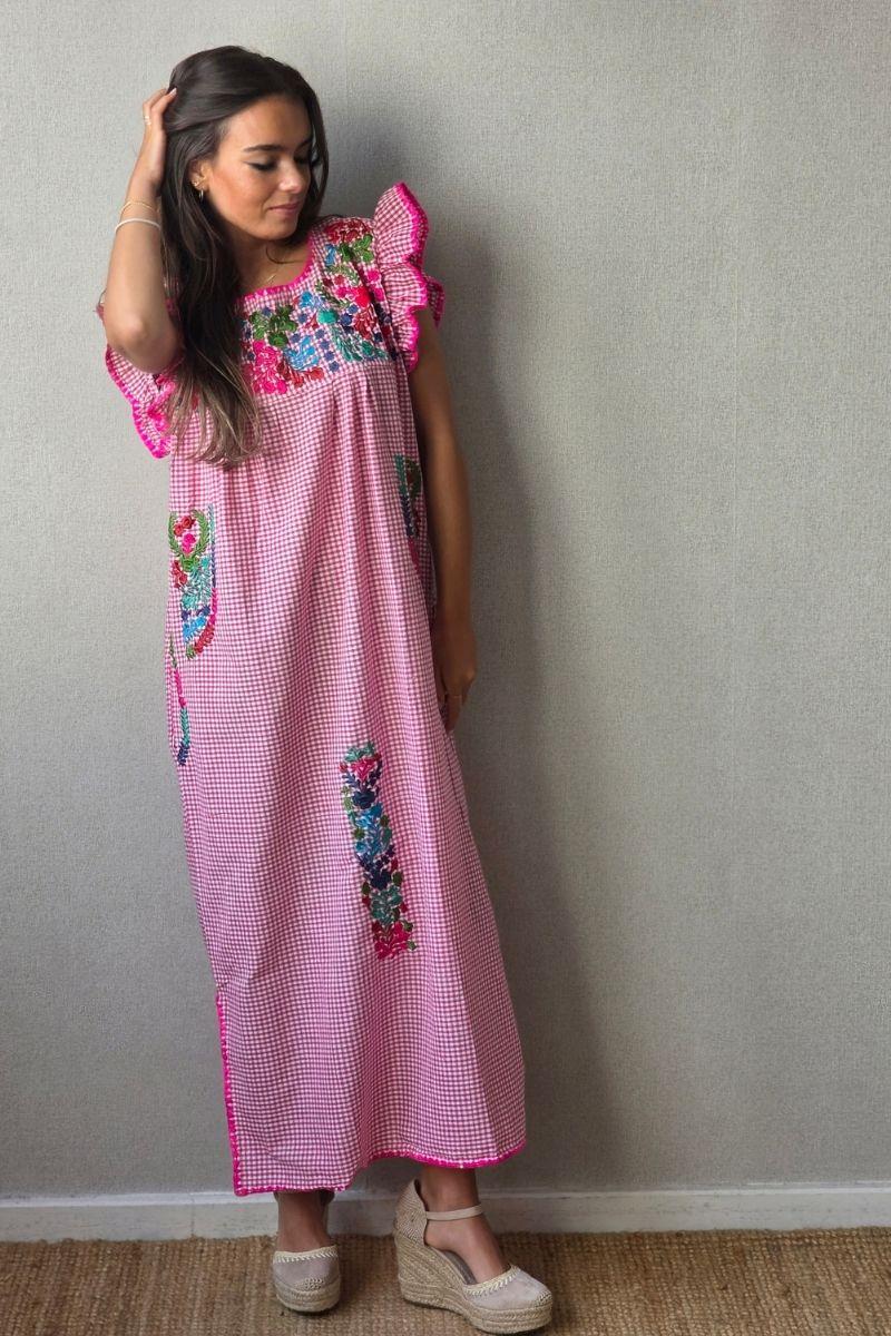 Vestido mexicano cuadro vichy fucsia