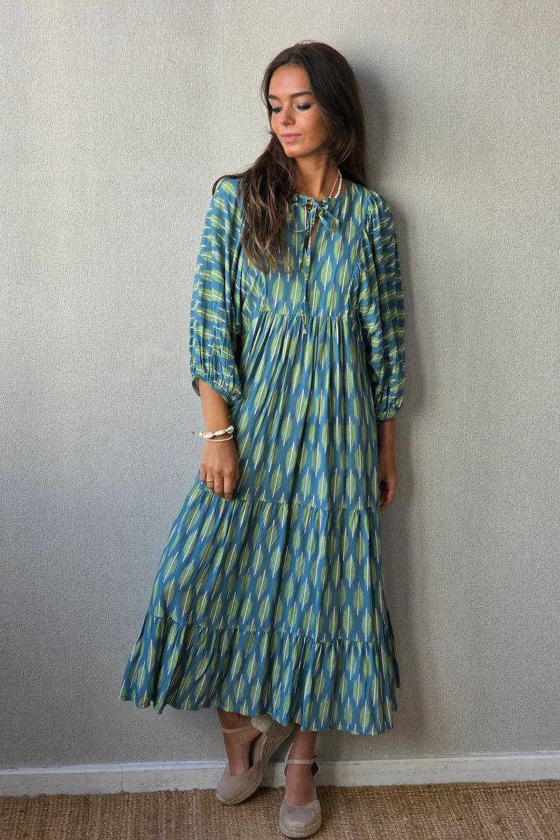 Vestido Mangas Abullonadas Estampado Azul