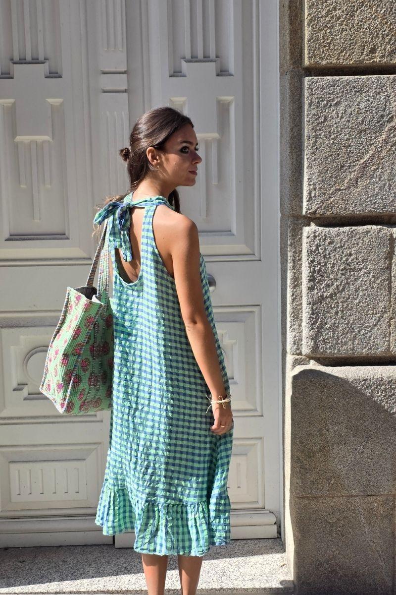 Vestido cuello halter de cuadros verde