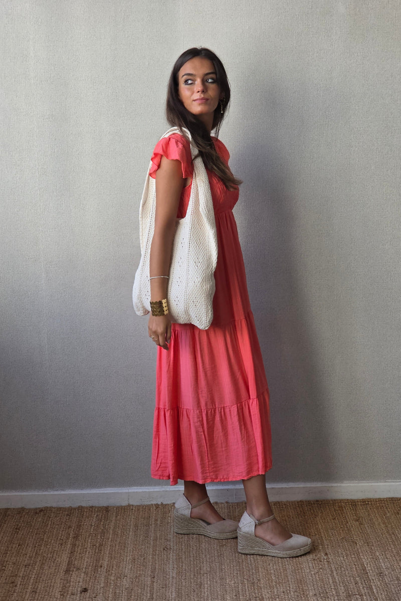Vestido nido de abeja volantes salmón