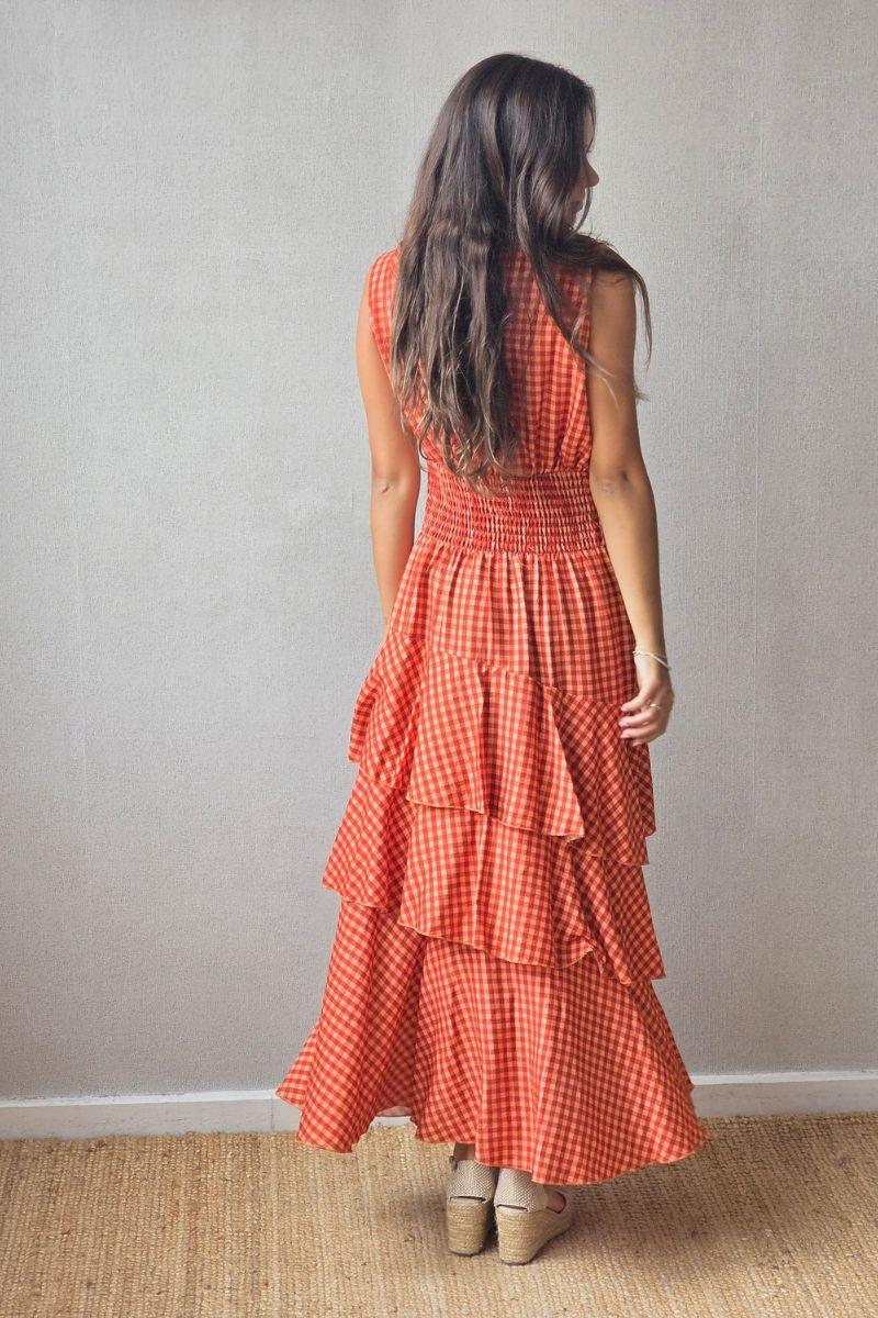 Vestido de volantes estampado vichy  cuello halter