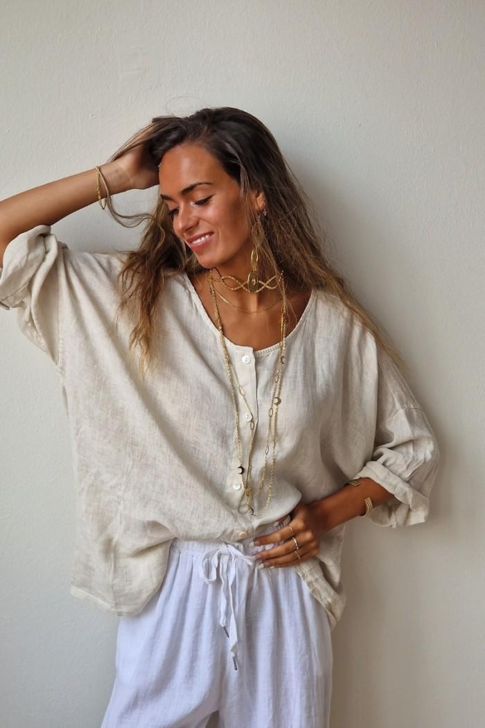 Camisa oversize tipo lino  con manga tres cuartos beige