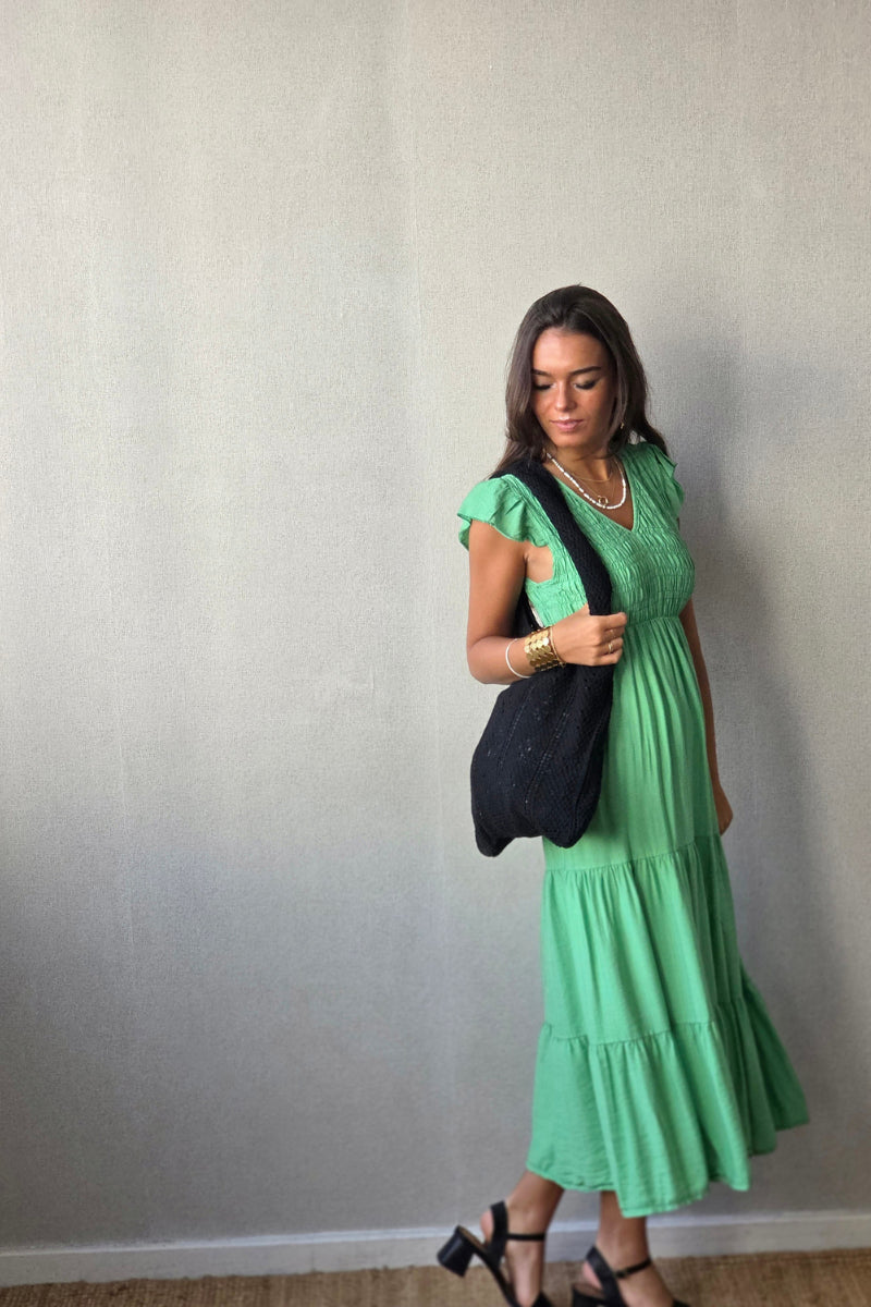 Vestido nido de abeja con volantes verde