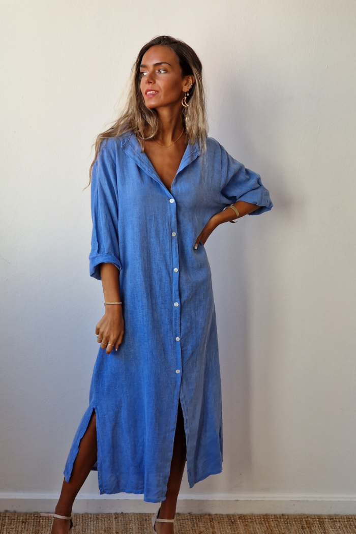 Vestido largo camisero tipo lino turquesa