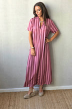 Vestido rayas manga corta no se arruga rosa cebolla