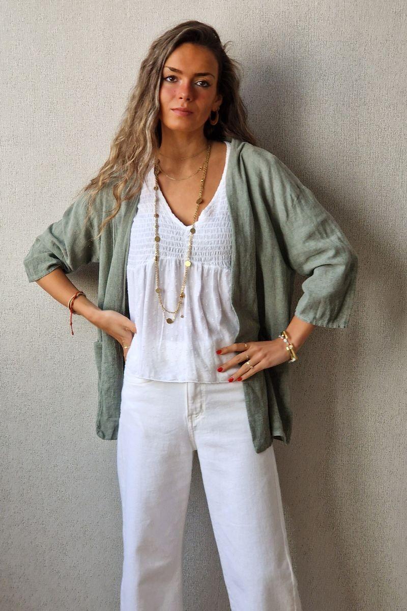 Chaqueta corta tipo lino en color verde militar